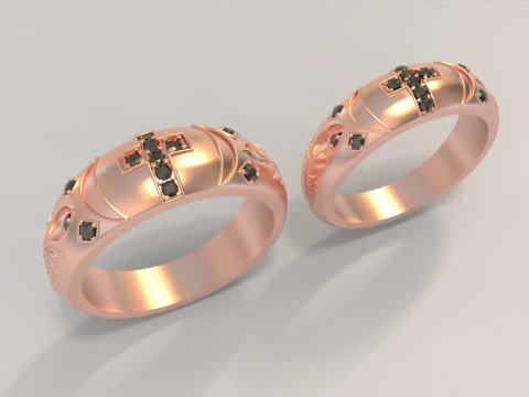 Couple Ring with Cross and Gemstones 2 3D Print Model