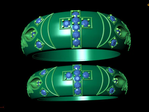Couple Ring with Cross and Gemstones 2 3D Print Model