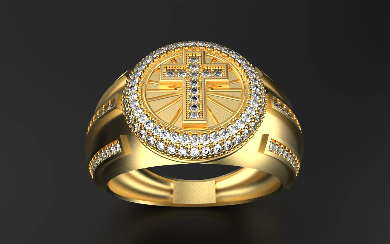 Gents Ring with Cross and Gemstones 3D Print Model .c4d .max .obj .3ds .fbx .stl .blend