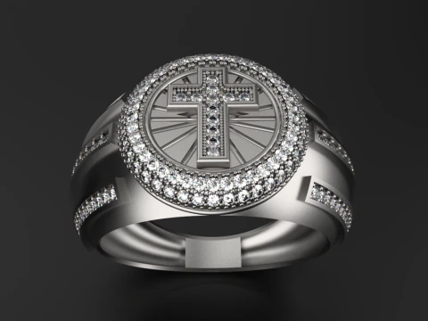 Gents Ring with Cross and Gemstones 3D Print Model