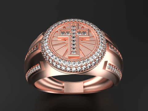 Gents Ring with Cross and Gemstones 3D Print Model