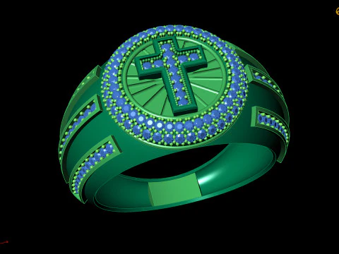Gents Ring with Cross and Gemstones 3D Print Model