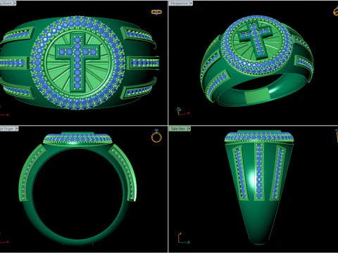 Gents Ring with Cross and Gemstones 3D Print Model