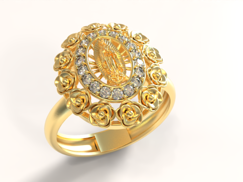 Floral Oval Gem Ring with Virgin Lady Centerpiece 3D 模型
