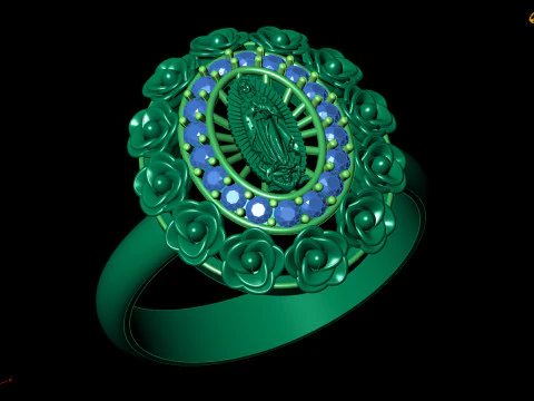 Floral Oval Gem Ring with Virgin Lady Centerpiece 3D Print Model