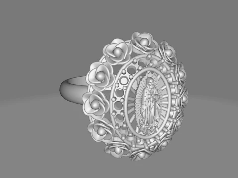 Floral Oval Gem Ring with Virgin Lady Centerpiece 3D Print Model