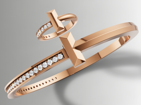 Tiffany Style T Diamond Ring Bangle Sieraden Set Cad-bestand 3D printmodel