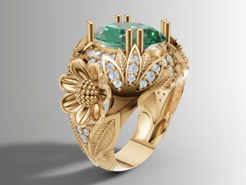 Cocktail Ring Large Cabochon Floral Design 3D Print Model