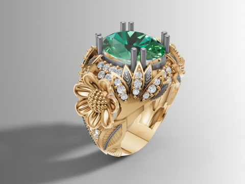 Коктейльна каблучка з великим квітковим малюнком з кабошоном 3D Принт Модель