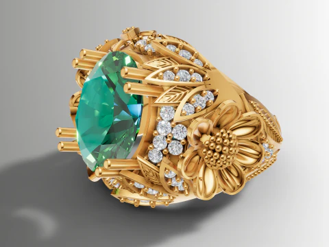 鸡尾酒戒指大凸圆形花卉设计 3D 打印模型