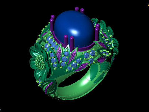 Коктейльна каблучка з великим квітковим малюнком з кабошоном 3D Принт Модель