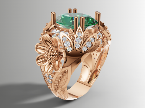 Коктейльна каблучка з великим квітковим малюнком з кабошоном 3D Принт Модель