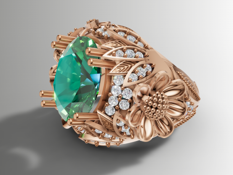 Коктейльна каблучка з великим квітковим малюнком з кабошоном 3D Принт Модель