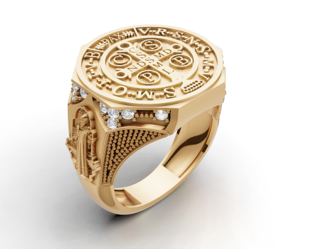 Perhiasan Pria Medali Keagamaan Cincin St Benedict Model Cetak 3D