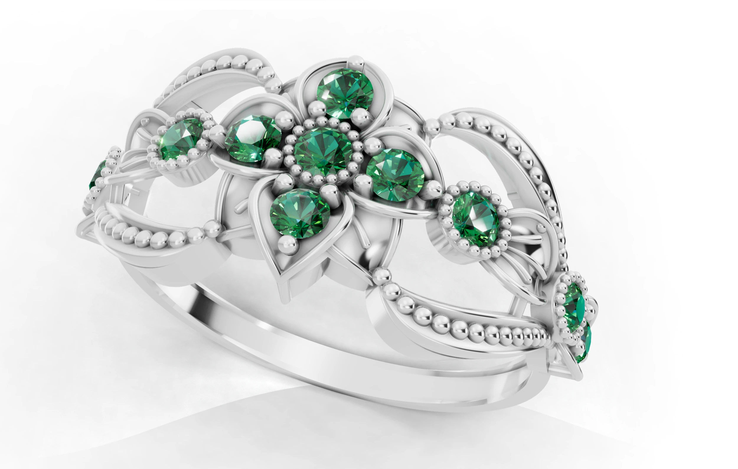 Wide Floral Cluster Ring Art Nouveau Beaded Edges Cad File 3D Print Model .c4d .max .obj .3ds .fbx .stl .blend 