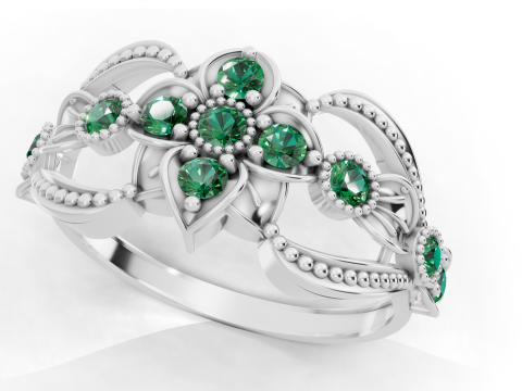 Wide Floral Cluster Ring Art Nouveau Beaded Edges Cad File 3D Print Model