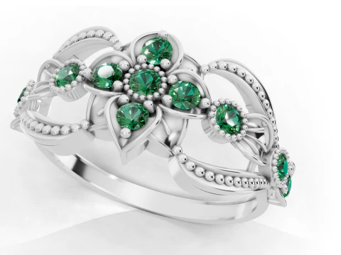 Широкое кольцо с цветочным кластером в стиле модерн с бисером по краям Cad File 3D Принт Модель