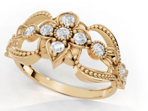 Wide Floral Cluster Ring Art Nouveau Beaded Edges Cad File 3D Print Model