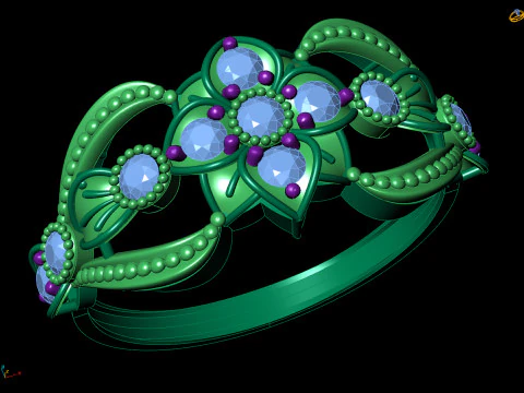 Wide Floral Cluster Ring Art Nouveau Beaded Edges Cad File 3D Print Model