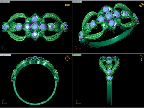 Wide Floral Cluster Ring Art Nouveau Beaded Edges Cad File 3D Print Model