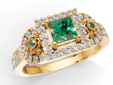 Skomplikowany, tr&oacute;jkamienny pierścień klastrowy Princess Halo Pave STL CAD Model do druku 3D