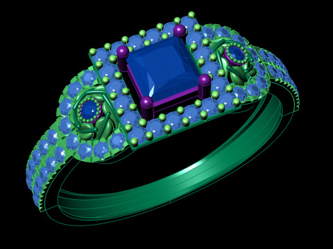 错综复杂的三石簇戒指公主光环密镶 STL CAD 文件 3D 打印模型