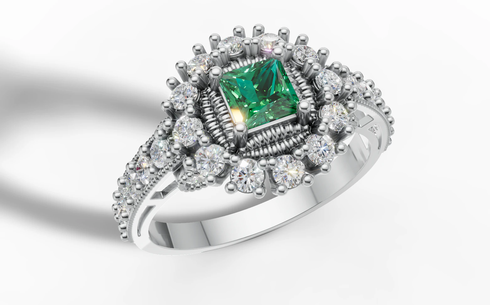 Princess Cluster Halo Ring Ribbed Bezel Pav STL CAD File 3D Print Model .c4d .max .obj .3ds .fbx .stl .blend