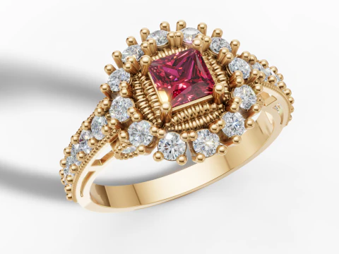 Princess Cluster Halo Ring Ribbed Bezel Pav STL CAD File 3D Print Model