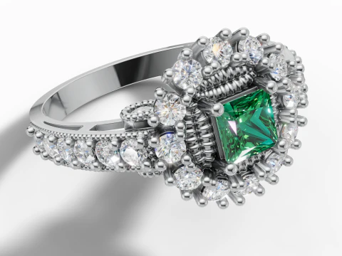 Princess Cluster Halo Ring Ribbed Bezel Pav STL CAD File 3D Print Model