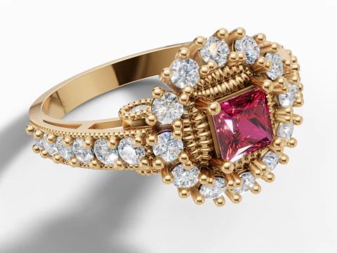 Princess Cluster Halo Ring Ribbed Bezel Pav STL CAD File 3D Print Model