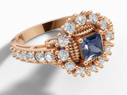 Princess Cluster Halo Ring Ribbed Bezel Pav STL CAD File 3D Print Model