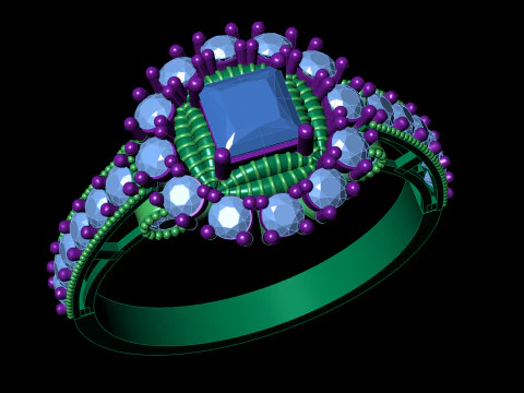 Princess Cluster Halo Ring Ribbed Bezel Pav STL CAD File 3D Print Model
