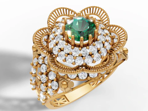 File CAD STL di anello a grappolo di fiori fantasia, grande pietra traforata Modello di stampa 3D