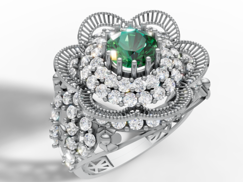 Fancy Flower Cluster Ring Big Stone Opengewerkte Band STL CAD-bestand 3D printmodel