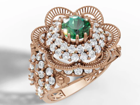 Fancy Flower Cluster Ring Big Stone Openwork Band STL CAD File 3D Print Model