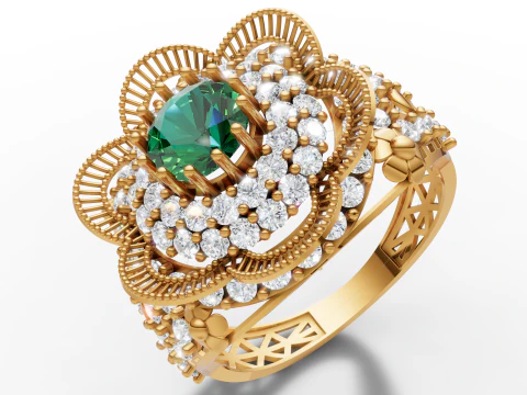 Fancy Flower Cluster Ring Big Stone Openwork Band STL CAD File 3D Print Model
