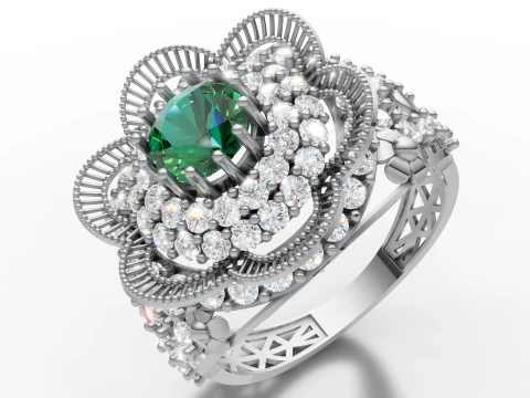 Fancy Flower Cluster Ring Big Stone Openwork Band STL CAD File 3D Print Model