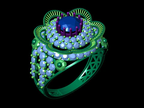 Fancy Flower Cluster Ring Big Stone Openwork Band STL CAD File 3D Print Model