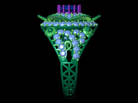 Fancy Flower Cluster Ring Big Stone Openwork Band STL CAD File 3D Print Model