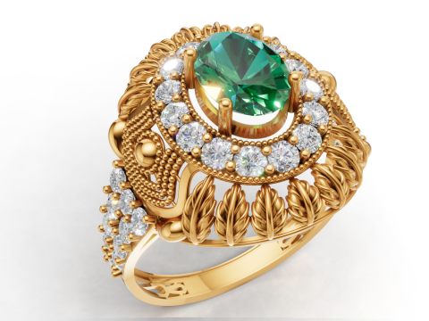 Big Oval Halo Ring Detailed Leaf Design Band STL CAD File 3D Print Model