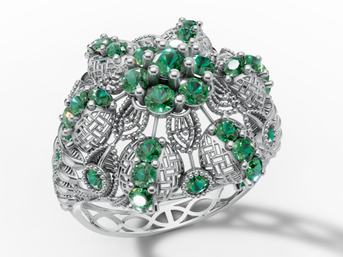 Großer, ausgefallener Clusterring mit durchbrochenem keltischem Schaft, STL-CAD-Datei 3D Druckmodell