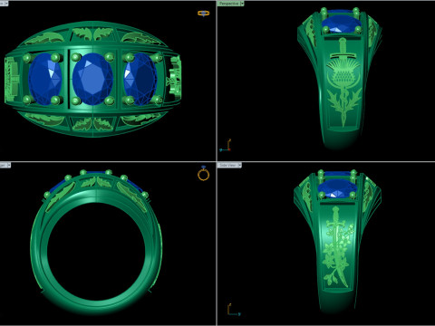 File CAD STL con gambo inciso personalizzato con triplo anello in pietra ovale grande Modello di stampa 3D