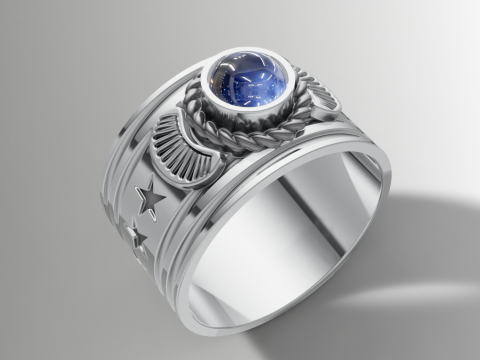 Star Engraved Mens Ring Wide Band Signet Ring STL CAD File 3D Print Model