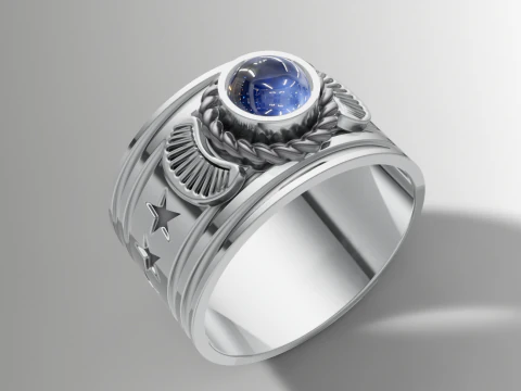 Star Engraved Mens Ring Wide Band Signet Ring STL CAD File 3D Print Model