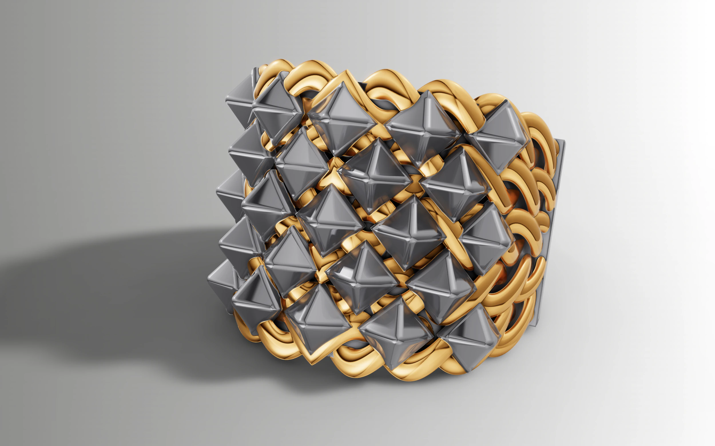 Big Pyramid Stud Ring Wide Woven Band STL CAD File 3D Print Model .c4d .max .obj .3ds .fbx .stl .blend 