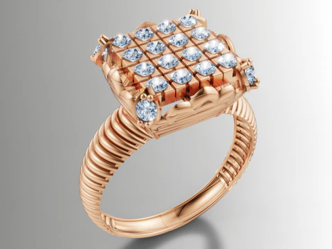 Square Cluster Ribbed Band Ring 3D Print Model
