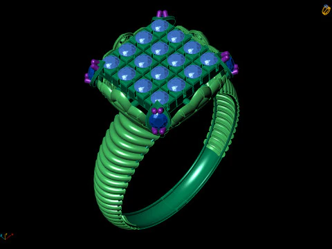 Square Cluster Ribbed Band Ring 3D Print Model