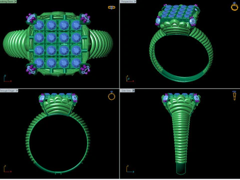 Square Cluster Ribbed Band Ring 3D Print Model