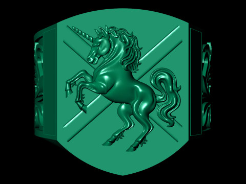 Heraldic Unicorn Shield Signet Ring 3D Print Model