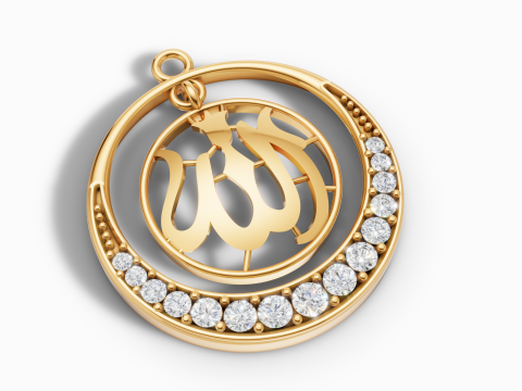 Gold Allah Calligraphy Gemstone Pendant CAD 3D Print Model
